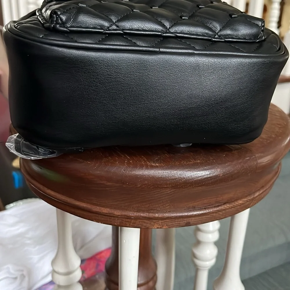 Badgley Mischka   Mini Backpack  Black Vegan Leather  Quilted Puffer front pocke